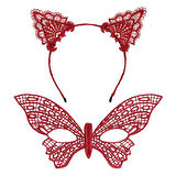 Nessiworld Gösterişli Kırmızı Dantel Maske ve Taç Seti 7 No - Masquerade ve Davetler için