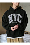 Erkek Siyah Nyc Baskılı Oversize Kapşonlu Sweatshirt