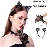 Siyah Kedi Dantel Taç + Eldiven Seti – Parti, Dans Ve Kostüm Kombini