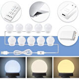 BUFFER® Nostalji Hollywood Tarzı 10lu Makyaj Masası Aynası Beyaz Led Işıklı Lamba USB