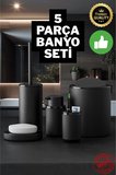 5 Parça Siyah Çizgili Yuvarlak 5'li Eco Banyo Seti Çöp Kovası Tuvalet Fırçası Sabunluk Diş Fırçalık