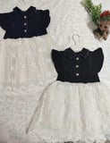 Baby 2-3-4 Yaş Astarlı Brode Etekli Kot Kumaş Düğmeli Kız Çocuk Elbisesi Lacivert Najmaddin