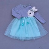 Baby 5-6-7 Yaş Pelüş Tavşan Desenli Kurdela Kuşaklı Astarlı Kız Çocuk Tütü Elbise Turkuaz Najmaddin