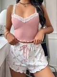 Beru Kadın Çiçek Desenli Dantel Askılı Şortlu Pijama Takımı 5200 Najmaddin
