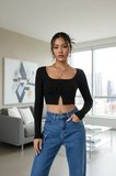 Beru Kadın Siyah Agraflı Göğüs Ve Göbek Dekolteli Uzun Kollu Crop Top Bluz Premium Stil Najmaddin