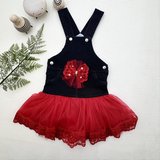 Baby 2-3-4 Yaş Fiyonklu Düğme Detaylı Tül Etek Kot Kumaş Salopet Kız Çocuk Elbisesi Siyah-kırmızı Najmaddin