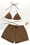 Beru Leopar Desenli Şortlu Bağlamalı Bikini Takımı Üçgen Kesim Ayarlanabilir Esnek Kumaş Kadın Mayo Seti Najmaddin