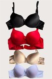 Nevamel® Siyah-Beyaz-Kırmızı-Ten 4'Lü Dolgulu Push Up Micro Balenli Günlük Tek Destekli Sütyen