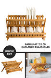 Nishev.com Evini Sev 2 Katlı Bambu Katlanabilir Tabaklık Bulaşıklık Büyük Boy Mutfak Bulaşık Kurutma Rafı 47x32 cm