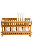 Nishev.com Evini Sev 2 Katlı Bambu Katlanabilir Tabaklık Bulaşıklık Büyük Boy Mutfak Bulaşık Kurutma Rafı 47x32 cm