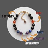 Artaril Olumlu Düşünce Doğal Taş Ayarlanabilir Bileklik Obsidiyen Akik Lapis Akuamarin Ametist 8mm