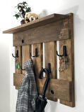 O&A Wood Doğal Ahşap Vestiyer Dekoratif 5 Askılı Portmanto Raflı Vintage Elbise Askısı Meşe