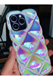 iPhone 13 Uyumlu Geometrik Dilimli Hologramlı Baklava Şişme Puf Koruyucu Kapak Kılıf