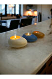 Three Drops Minimal Dekoratif Beton Tealight Mumluk 3'lü Set [ Alaçatı-Mavi-Karamel ]