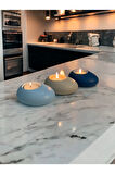 Minimal Dekoratif Beton Tealight Mumluk 3'lü Set | Baby Blue-Alaçatı-Mavi |