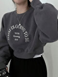 Kadın Füme Today Baskılı Oversize Bisikletyaka Crop Sweatshirt