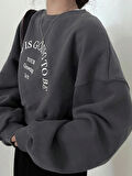 Kadın Füme Today Baskılı Oversize Bisikletyaka Crop Sweatshirt