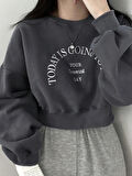Kadın Füme Today Baskılı Oversize Bisikletyaka Crop Sweatshirt