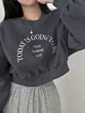 Kadın Füme Today Baskılı Oversize Bisikletyaka Crop Sweatshirt