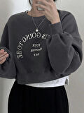 Kadın Füme Today Baskılı Oversize Bisikletyaka Crop Sweatshirt