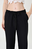 Kadın Siyah  Keten Karışımlı Bol Kesim Pantolon