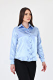 Kadın Hafif Dökümlü Bebe Mavi Saten Gömlek