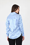 Kadın Hafif Dökümlü Bebe Mavi Saten Gömlek