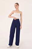 	Kadın Lacivert Yüksek Bel Keten Palazzo Pantolon
