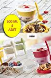 4 ADET Diyet & Kahvaltı için Çatal & Kaşıklı Kapaklı Yoğurt Müsli Salata Meyve Saklama Kabı - 600 ml