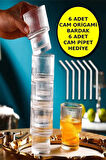 6'lı Origami Cam Model Borosilikat Kokteyl Meşrubat Bardak Seti 300 ml - 6 Adet Cam Pipet Hediyeli