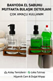 2’li Cam Ahşap Standlı Banyo Seti – Sabunluk ve Bardak – 430 ml – Modern Şık Tasarım