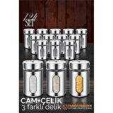 Cam+Çelik Tuzluk Biberlik Karabiberlik 3 Farklı Delikli 12'li SET