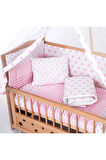 Ahşap Beşik Anne Yanı Beşik Organik (BOYASIZ) 60x120 - Pembe Yıldız Tek Yastıklı Uyku Seti Yatak