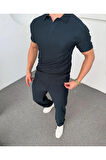 Erkek Fitilli Kumaş Regular Fit Ottoman Kalite Organik Pamuklu Polo Yaka Tshirt ve Eşofman Alt Takım