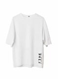 Unisex Bisiklet Yaka Baskılı Oversize T-Shirt - Beyaz
