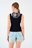 İçi Baskılı Halter Yaka Kaşkorse Atlet - Siyah