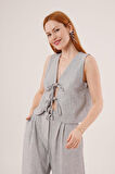 Ön Bağlama Detaylı Yelek Ve Pantolon Gri İkili Takım