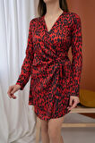 Kırmızı Leopar Desenli Saten Elbise