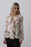 Volanlı Çiçek Desen Şifon Gömlek - Krem