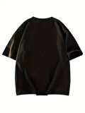 Baskılı Oversize Bisiklet Yaka T-shirt - Siyah
