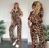 Kadın Dalgıç Kumaş Dijital Leopar Baskılı şerit Detaylı Takım