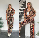 Kadın Dalgıç Kumaş Dijital Leopar Baskılı şerit Detaylı Takım