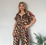 Kadın Dalgıç Kumaş Dijital Leopar Baskılı şerit Detaylı Takım