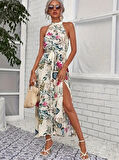 Kadın Omuzlardan Açık Halter Yakalı Yırtmaçlı çiçek Desenli Süprem Elbise