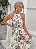 Kadın Omuzlardan Açık Halter Yakalı Yırtmaçlı çiçek Desenli Süprem Elbise