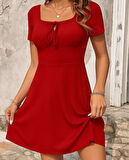 Kadın Kısa Kollu Kare Yakalı Bağcıklı Kaşkorse Elbise