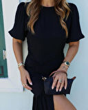 Kadın Kısa Kollu Bisiklet Yakalı Yandan Yırtmaçlı Büzgülü Janjan Krep Elbise