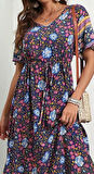 Kadın Kısa Kollu Beli Lastikli çiçek Desen Tam Boy Elbise