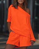 Kadın Kayık Yaka Salaş Iki Iplik Bluz Ve şort Ikili Takım