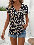 Kadın Kısa Kollu V Yakalı Desenli Süprem Bluz